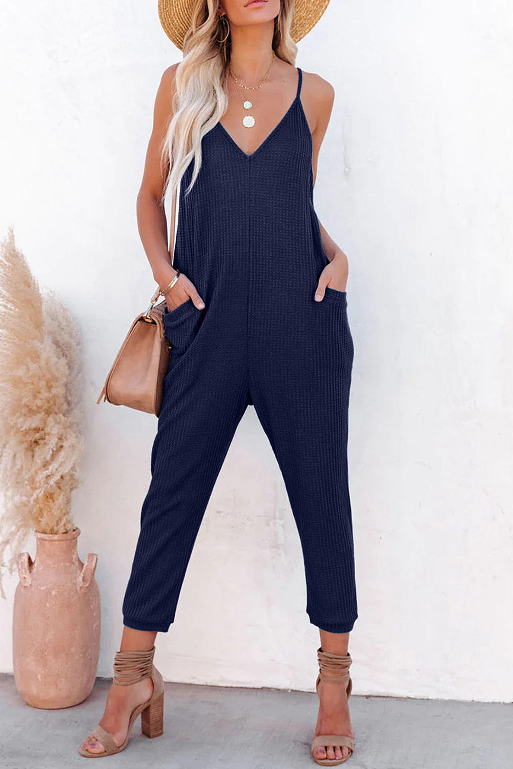 Gray Textured Sleeveless V-Neck Pocketed Casual Jumpsuit