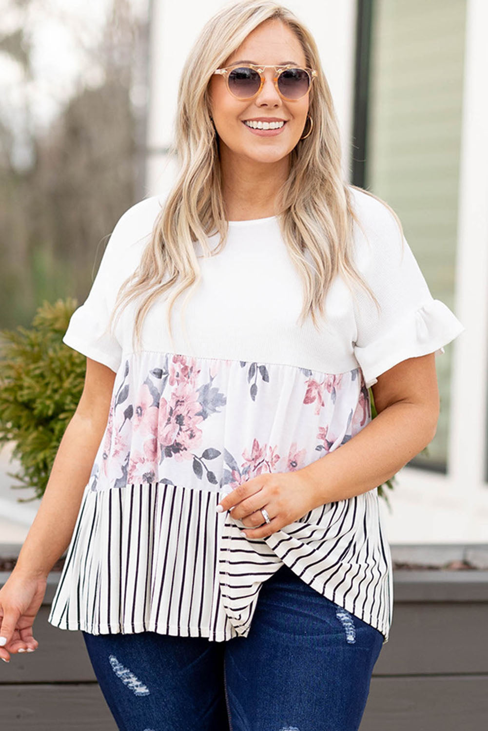 Black Plus Size Floral Stripe Color Block Babydoll Top