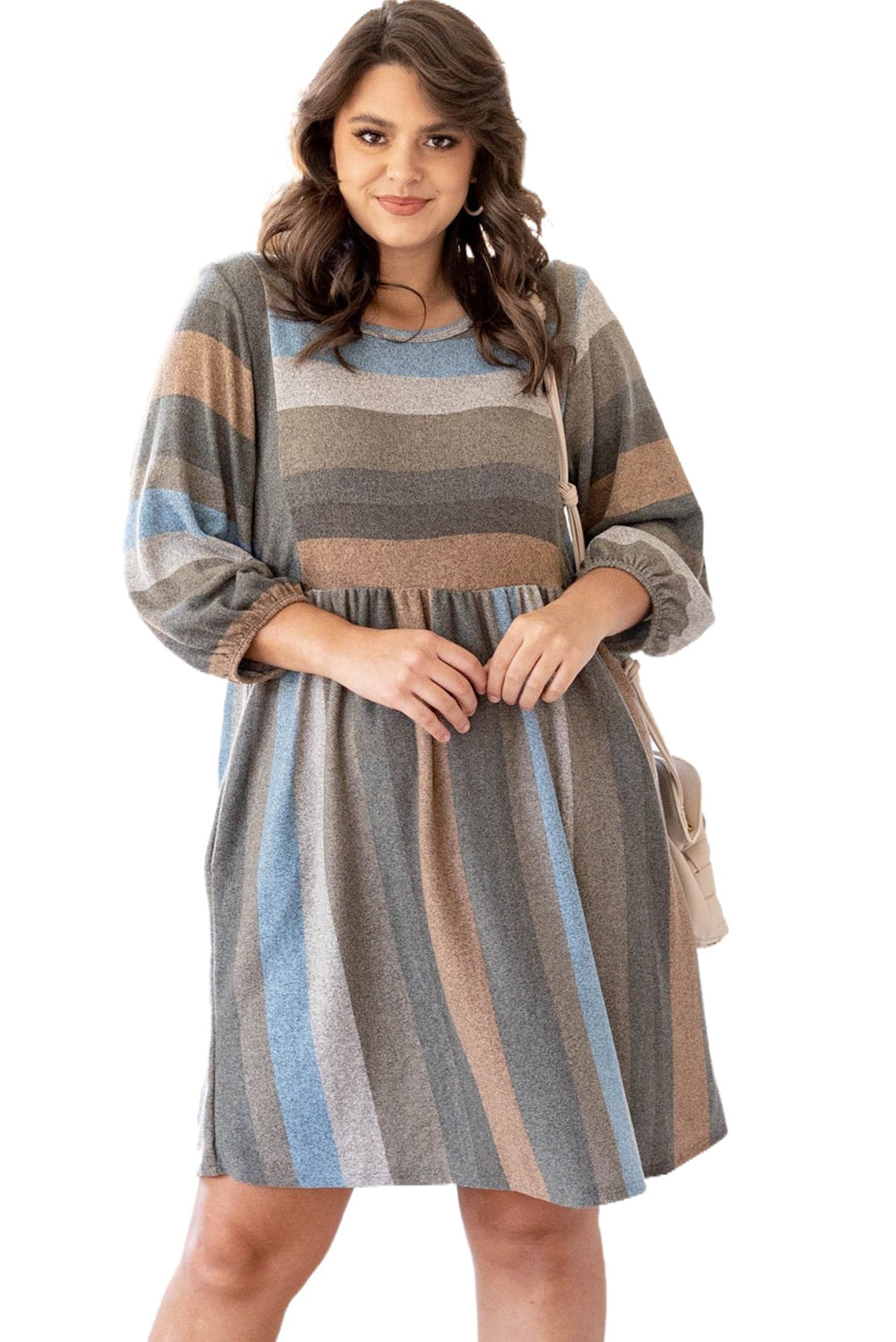 Stripe Plus Size 3/4 Sleeves Striped Print Empire Waist Dress