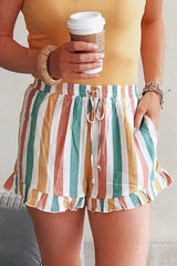 Multicolor Striped Ruffle Hem Drawstring Shorts