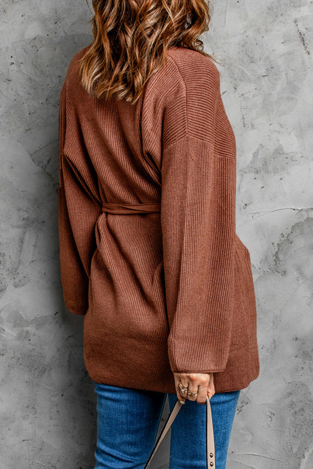 Black Robe Style Rib Knit Pocketed Cardigan with Belt