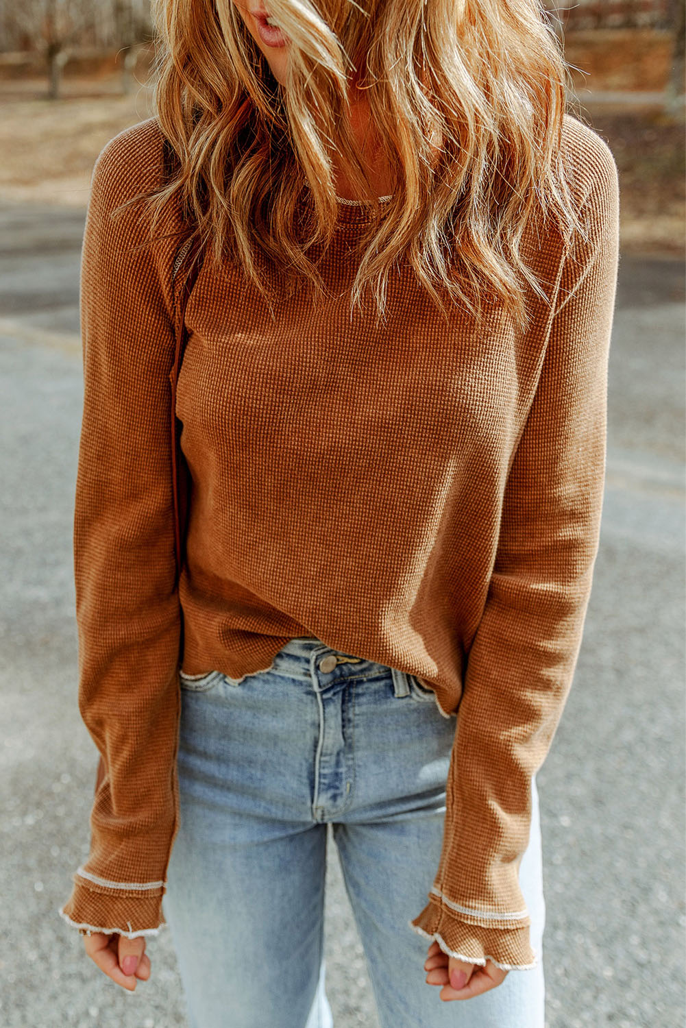 Red Textured Round Neck Long Sleeve Top