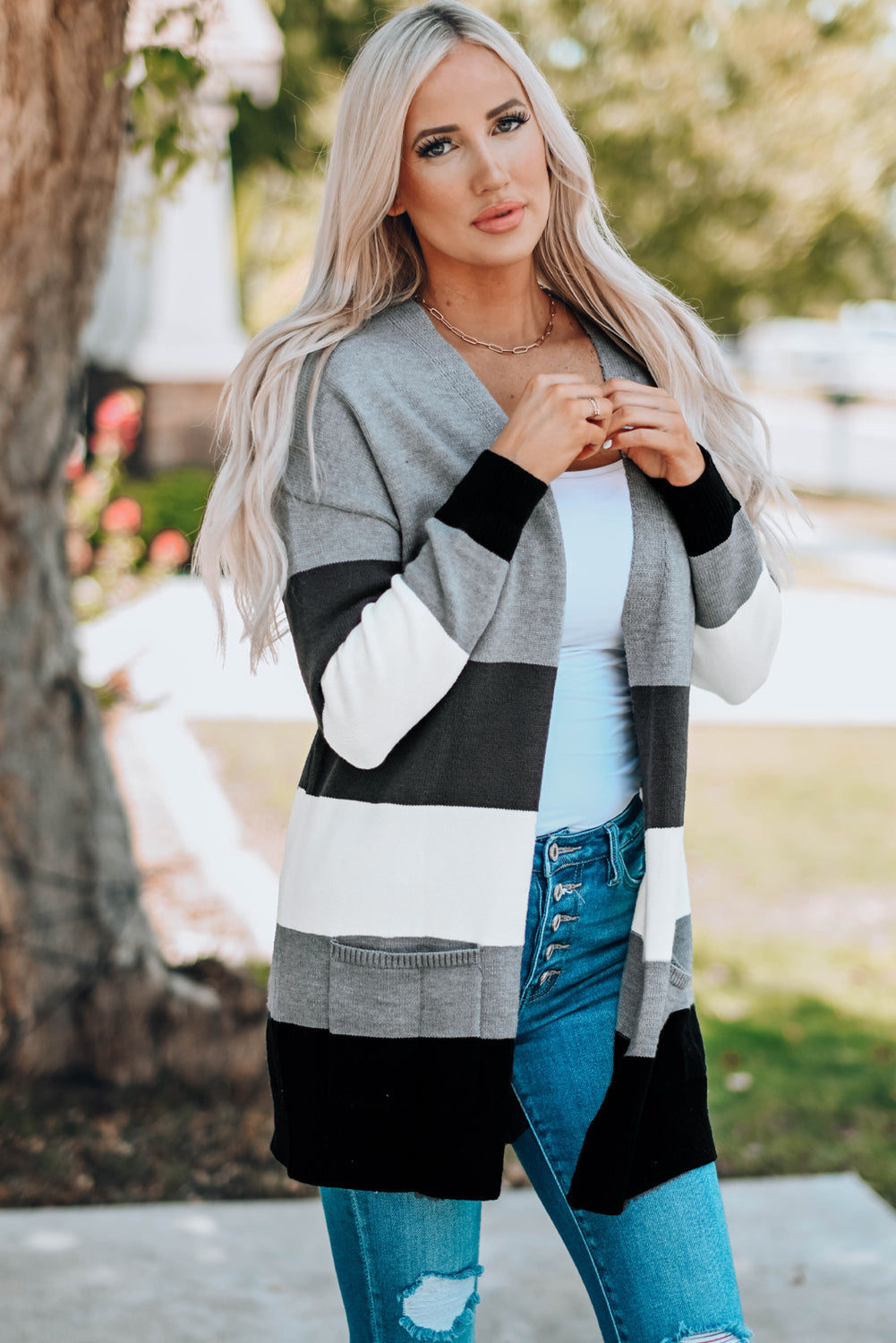 Khaki Open Front Colorblock Cardigan with Pockets