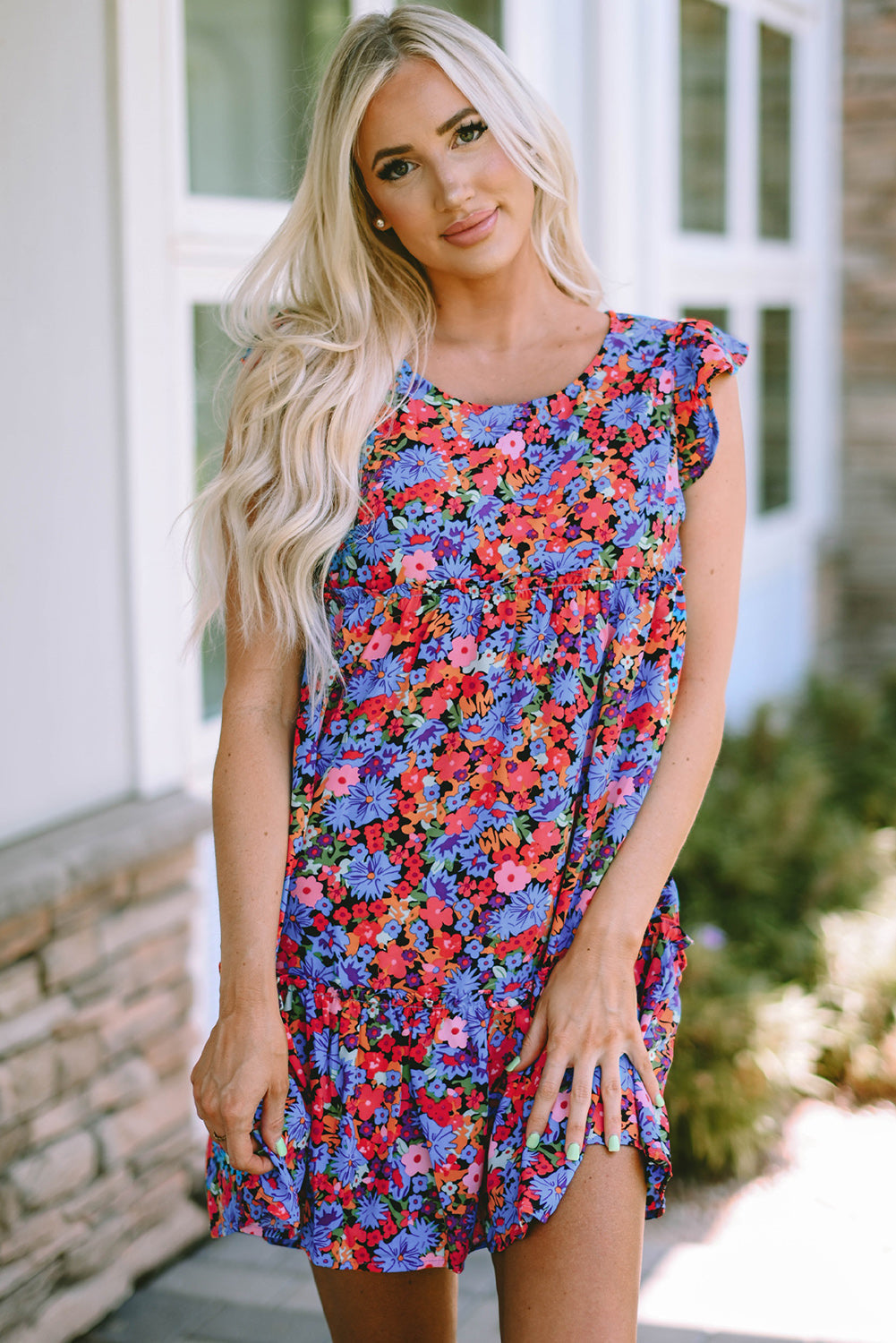 Multicolor Floral Print Ruffle Tiered Short Sleeve Babydoll Top