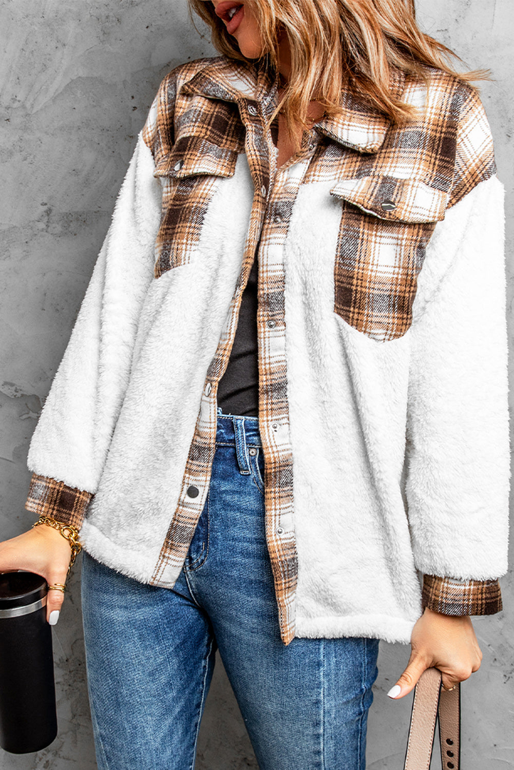 Gray Plaid Patchwork Buttoned Pocket Sherpa Jacket
