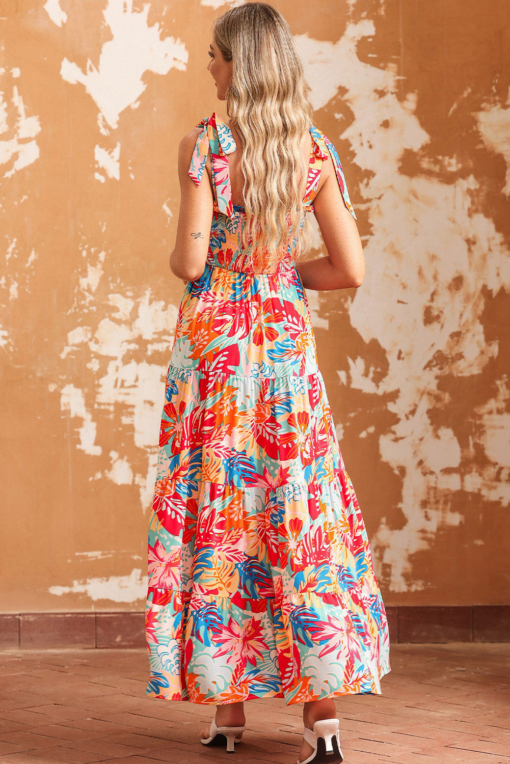 Multicolor Vibrant Tropical Print Smocked Ruffle Tiered Maxi Dress