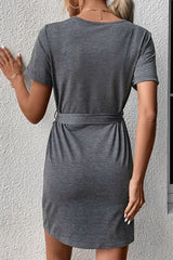 Gray Lace-up High Waist Short Sleeve Mini Dress