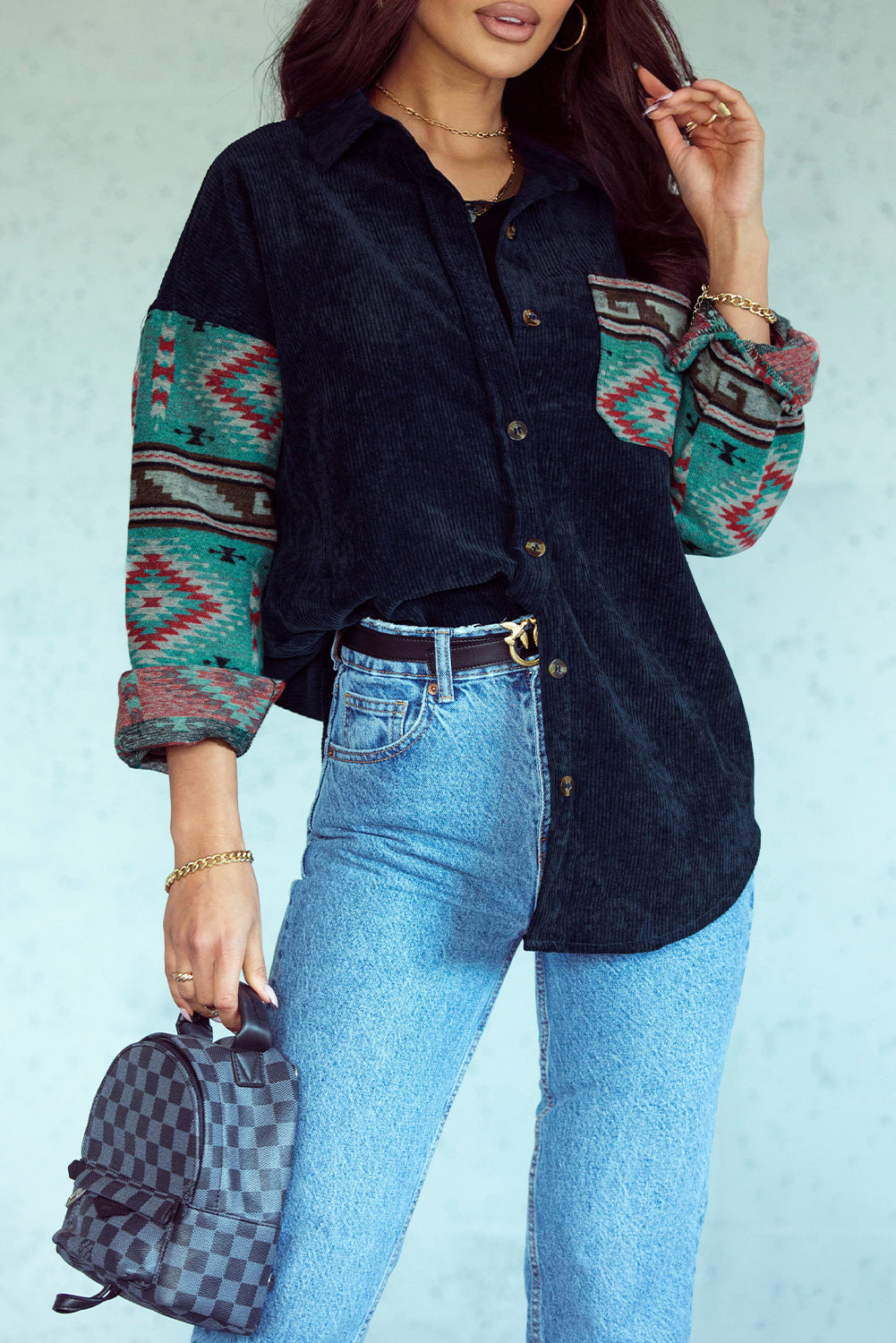 Gray  Aztec Pattern Sleeve Pocketed Corduroy Shacket