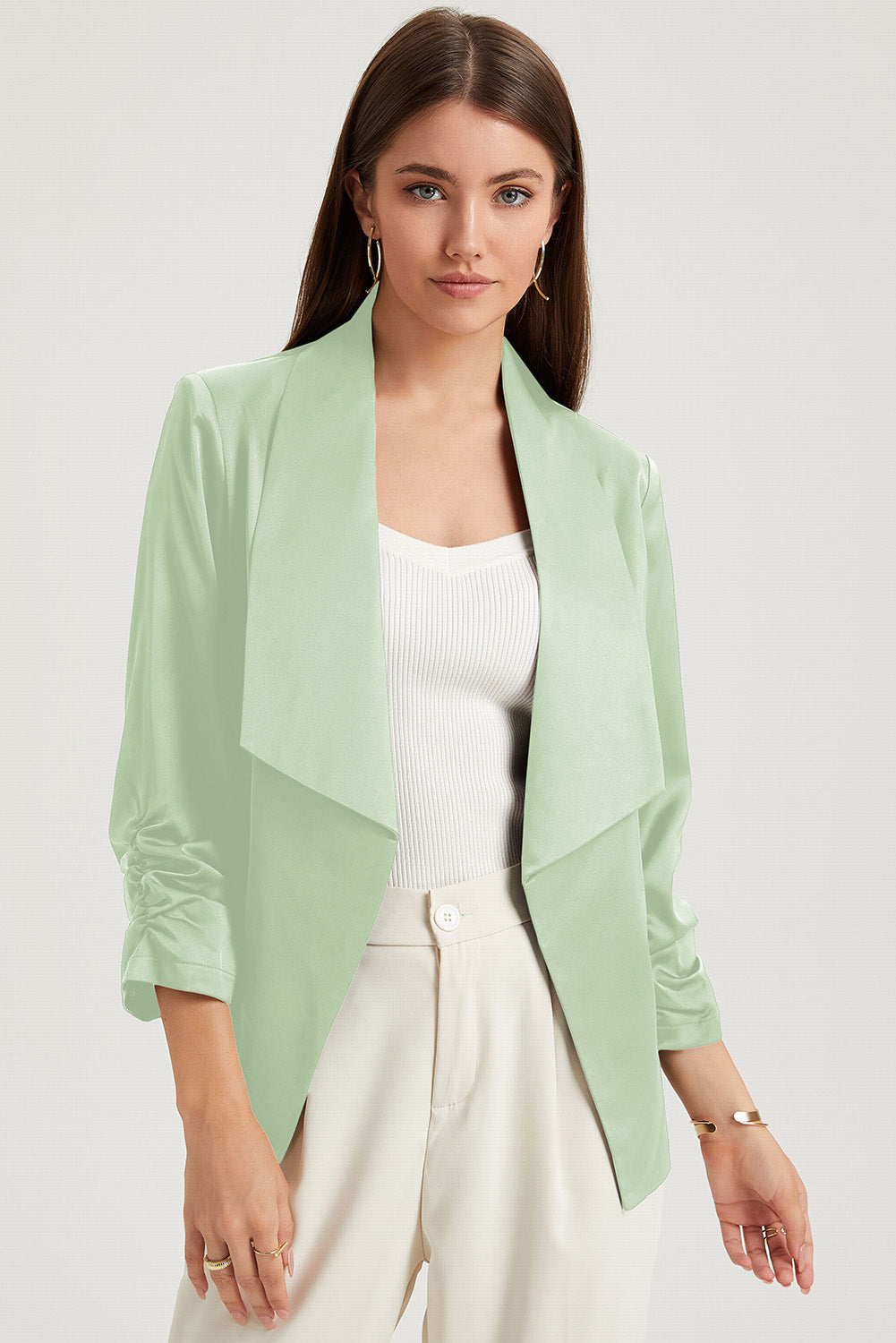 Apricot Solid Lapel Collar Satin Blazer