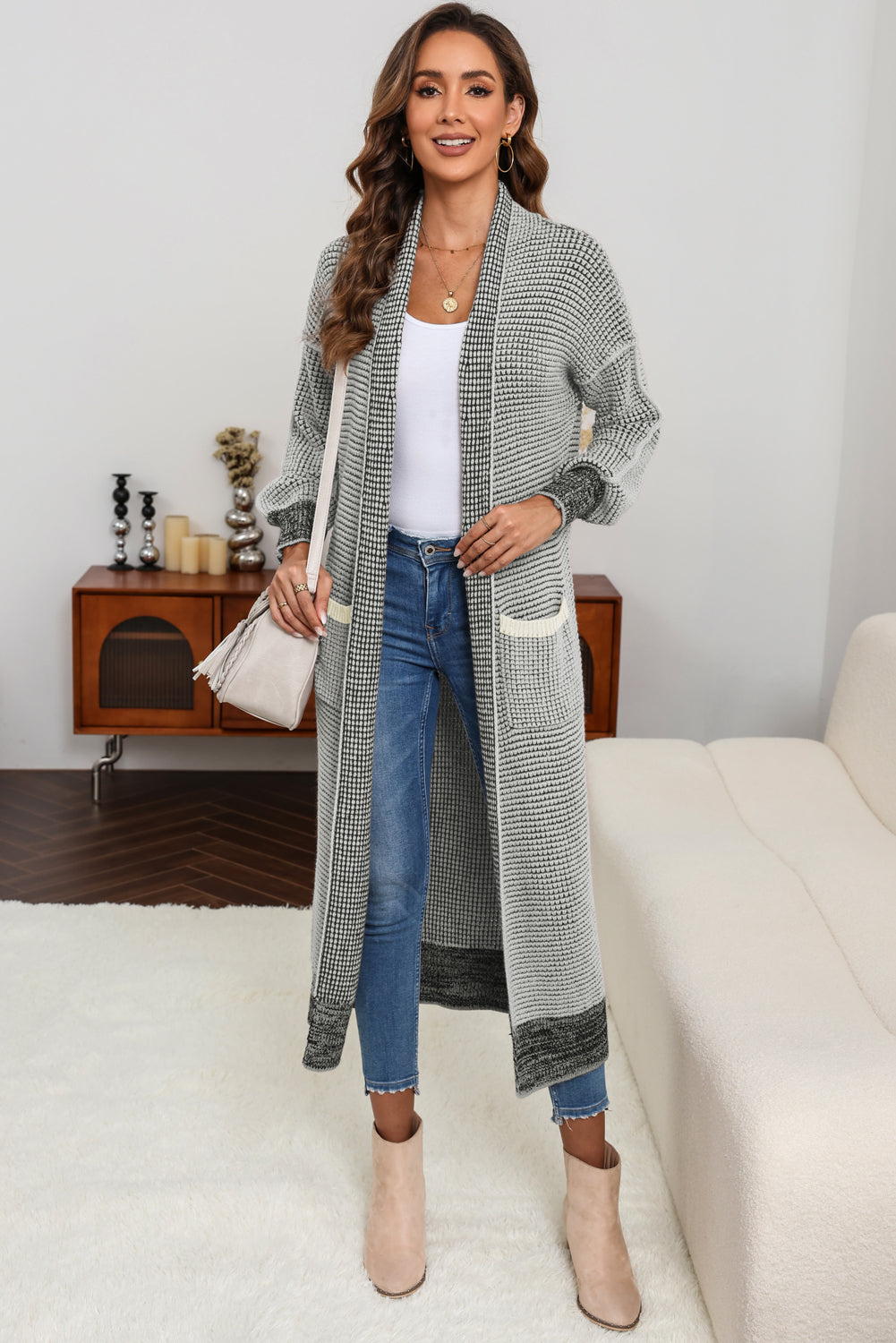 Grey Plaid Contrast Trim Open Front Cardigan