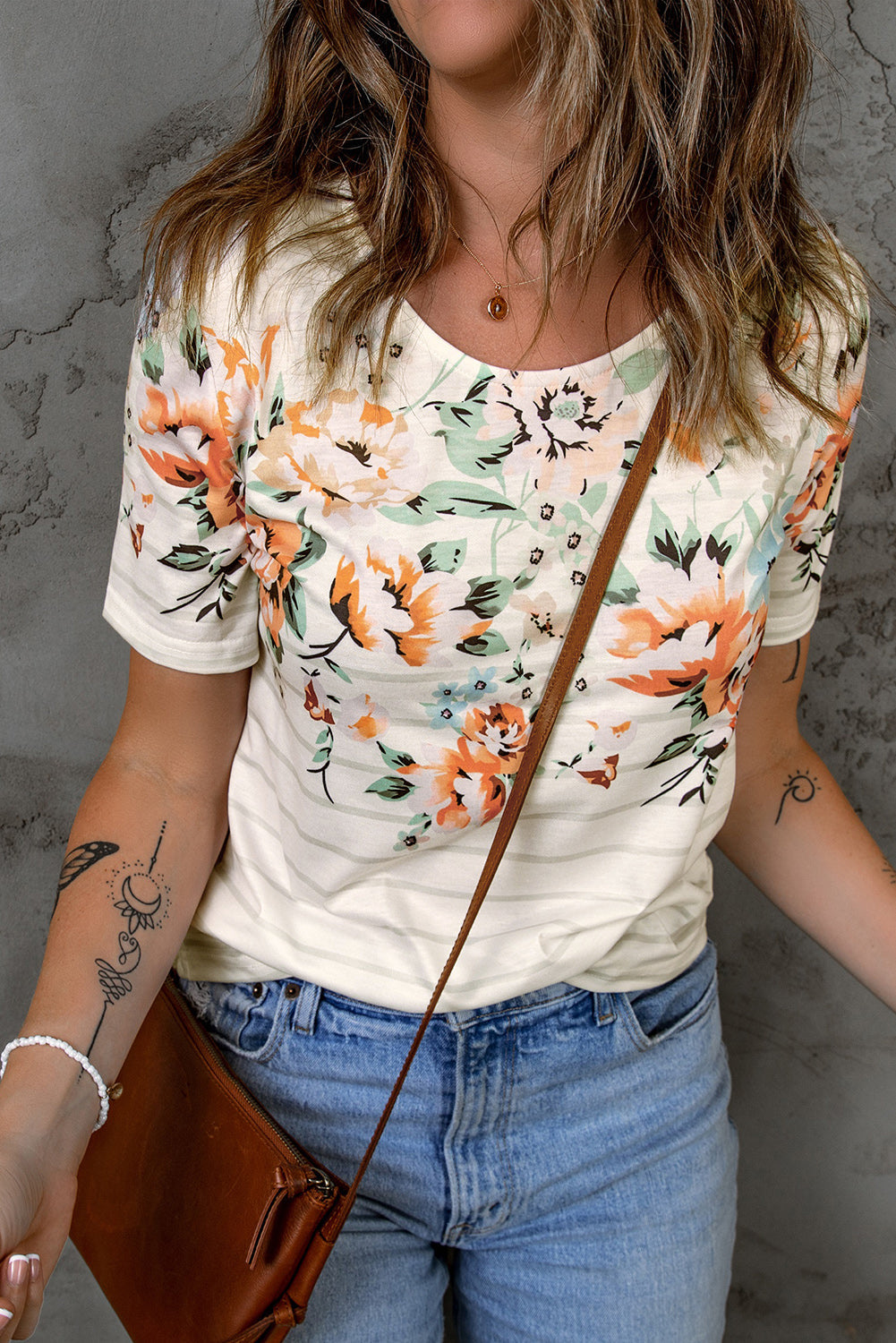 Floral Striped Print Short Sleeve Tee