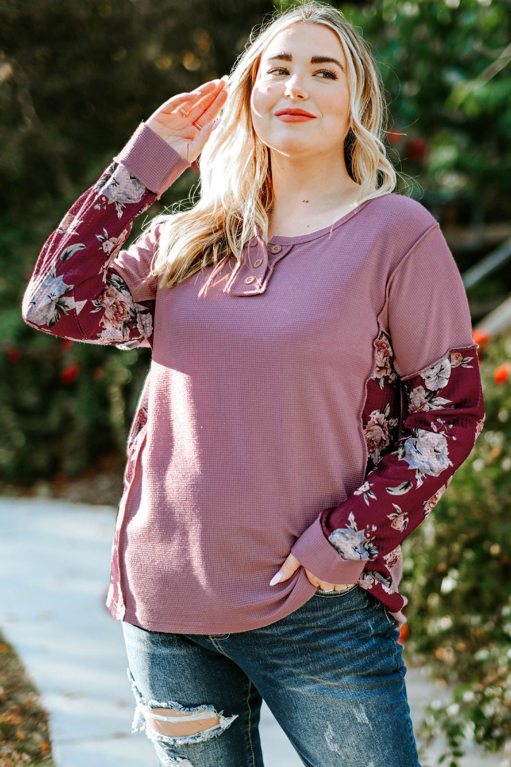 Purple Floral Accent Puff Sleeves Plus Size Thermal Top
