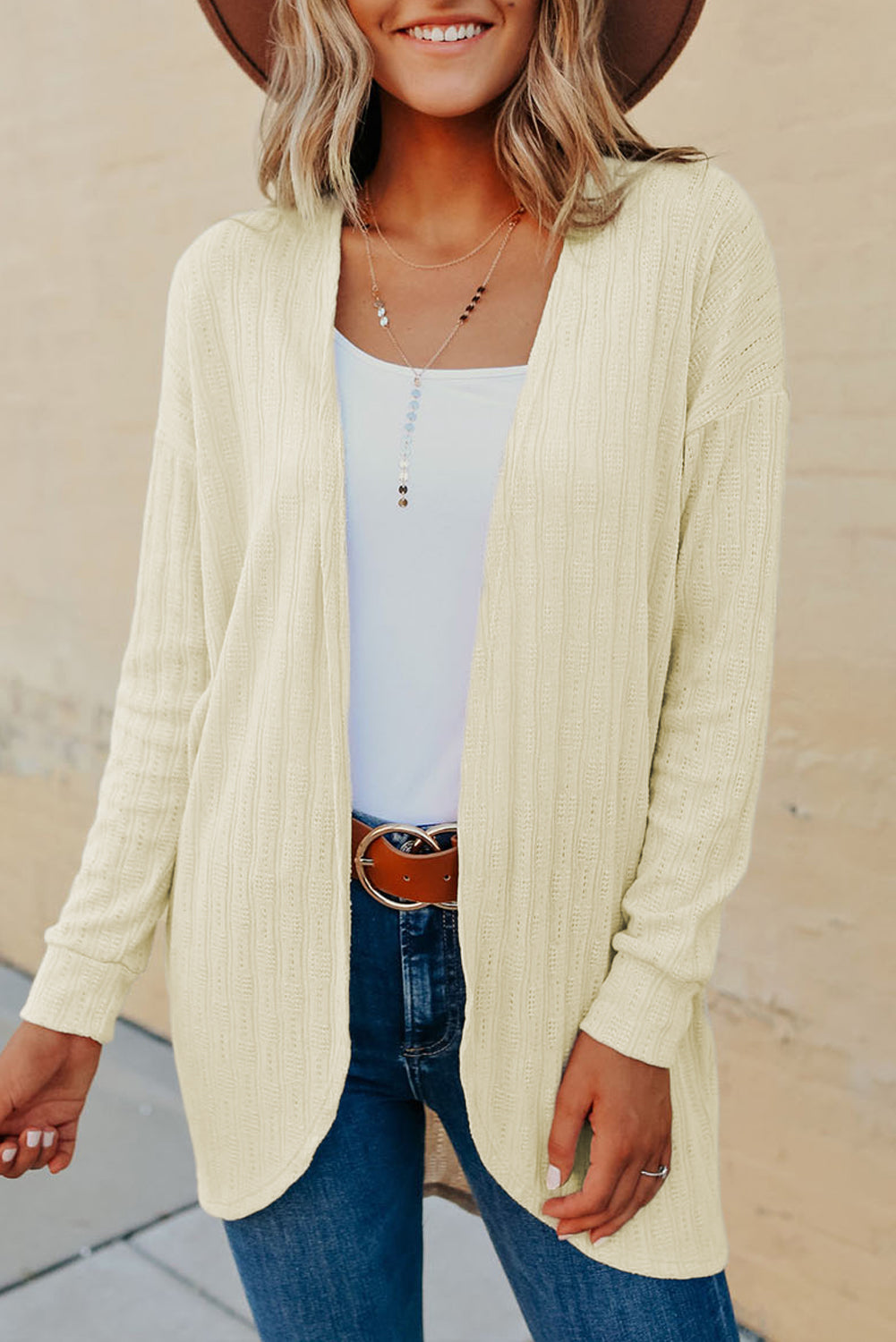 Beige Open Front Rounded Hem Textured Knit Cardigan