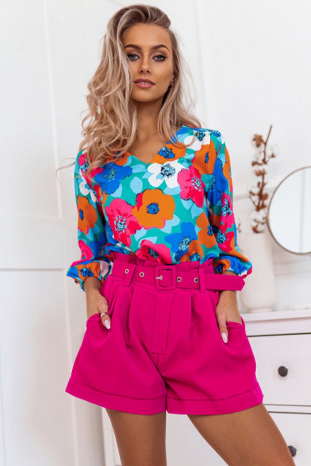 Multicolor Split V Collar Ruffle Sleeve Floral Shift Dress