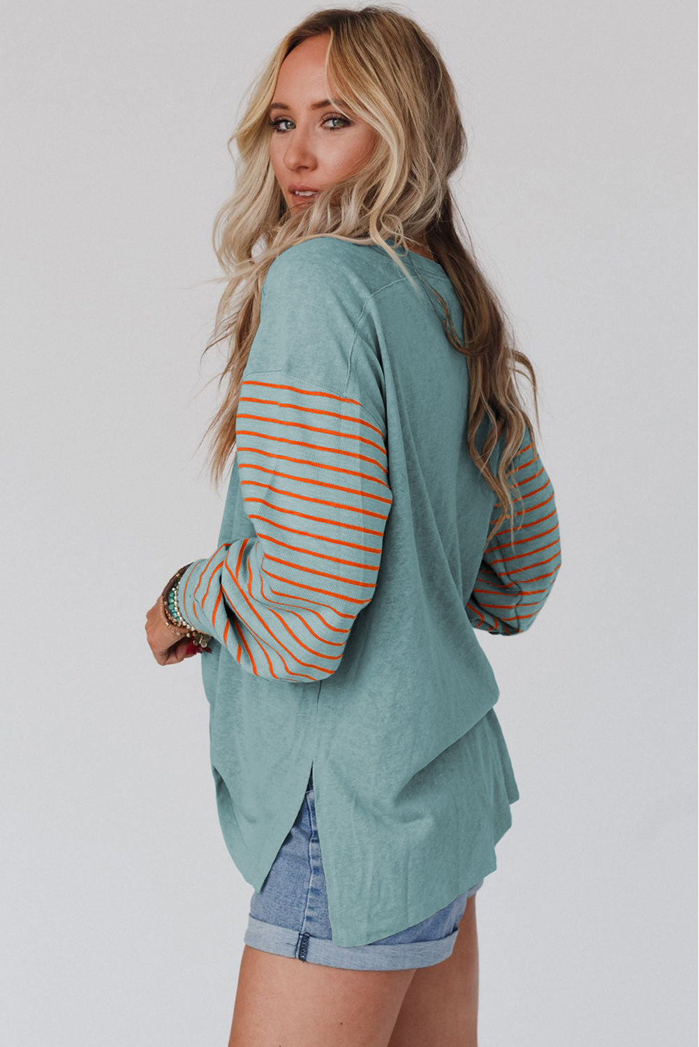 Green Colorblock Striped Bishop Sleeve Top