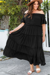 Black Plus Size Smocked Off Shoulder Frill Tiered Maxi Dress