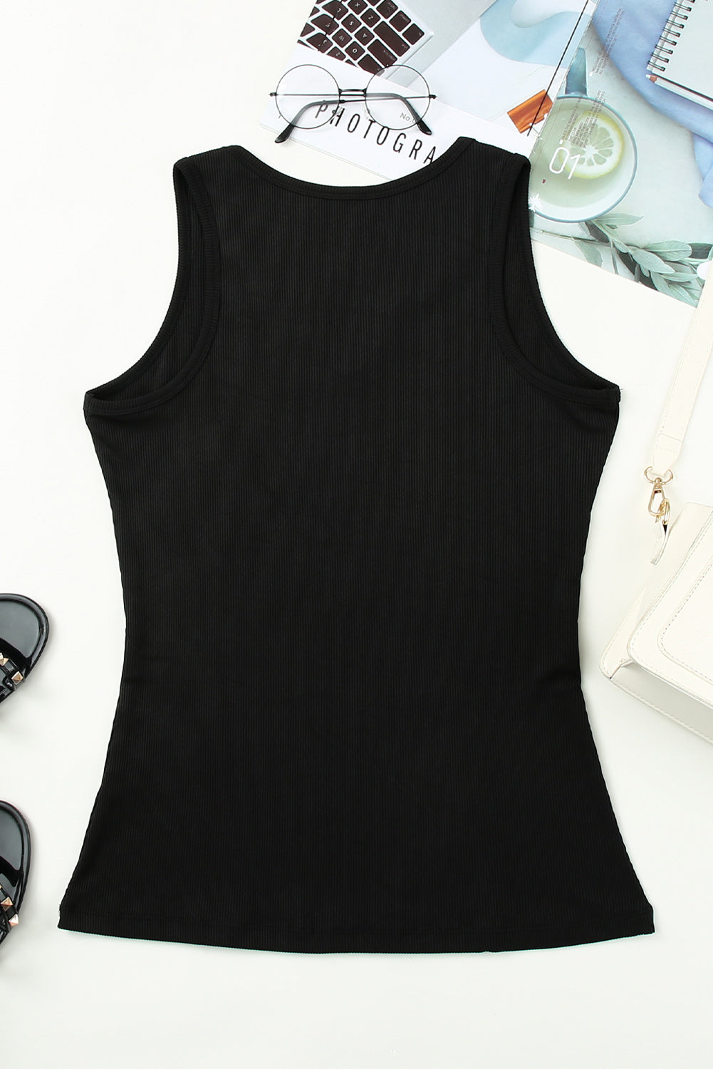 Rose Split Neck Ribbed Knit Tank Top