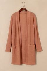 Brown Waffled Knit Thumb Sleeve Pocketed Cardigan