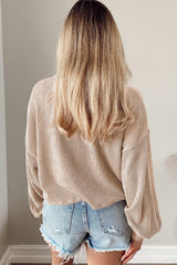 Smoke Gray Cording Drop Shoulder Puff Sleeve Casual Long Sleeve Top