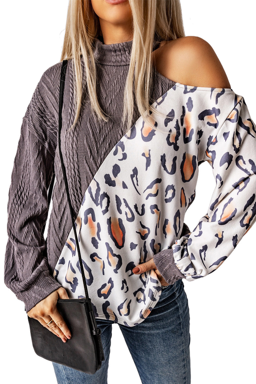 Leopard Color Block Cold Shoulder Turtleneck Top