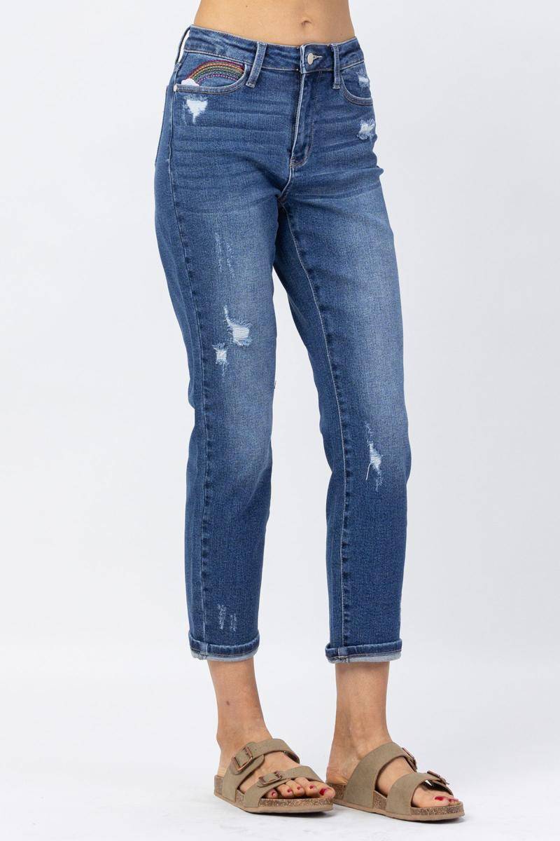 High Rise Rainbow Embroidery Cropped Straight Leg Jeans