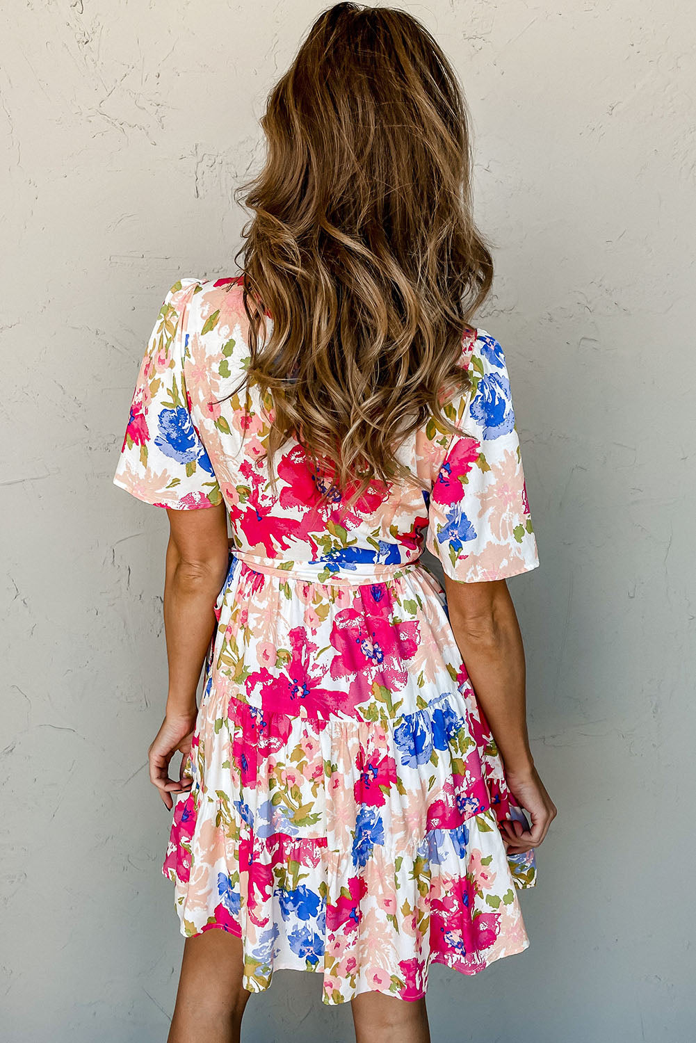 Multicolor Sweet Floral Wrap V Neck Skater Dress