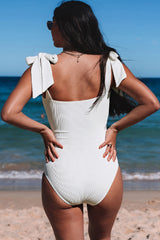 White Ribbed Twist Front Knotted Shoulder One Piece Swimsuit