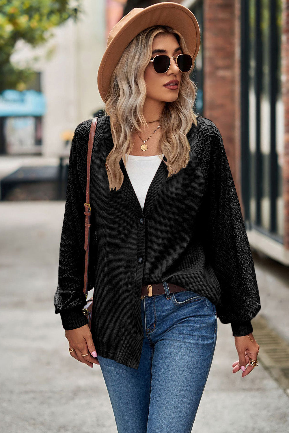 Waffled Knit Lace Long Sleeve Buttoned Cardigan