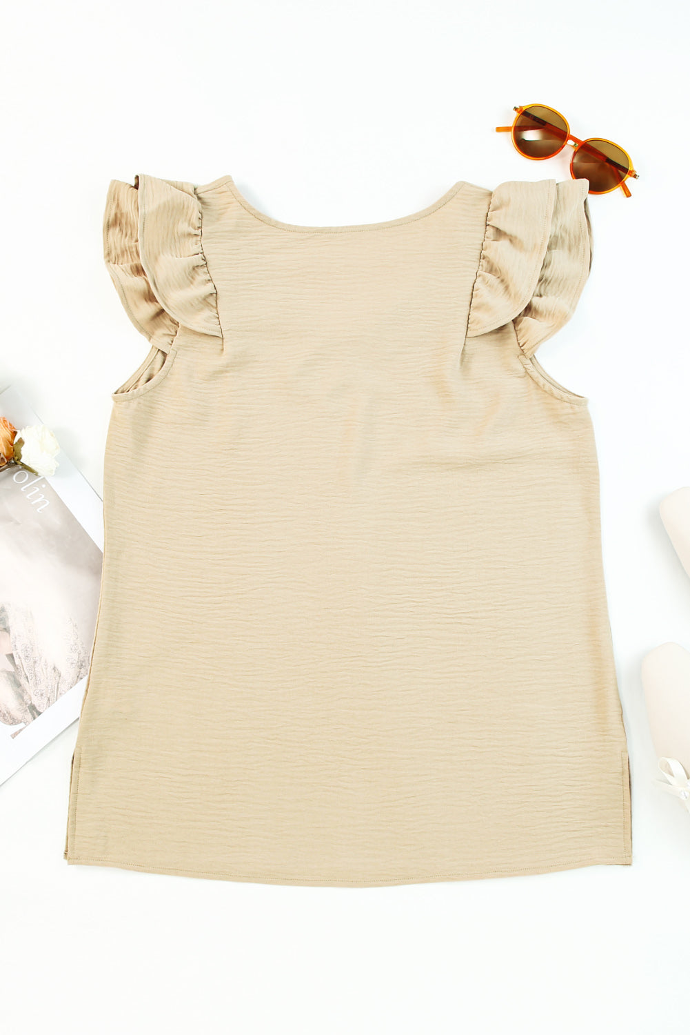 Khaki Ruffle Tiered Sleeve V Neck Tank Top