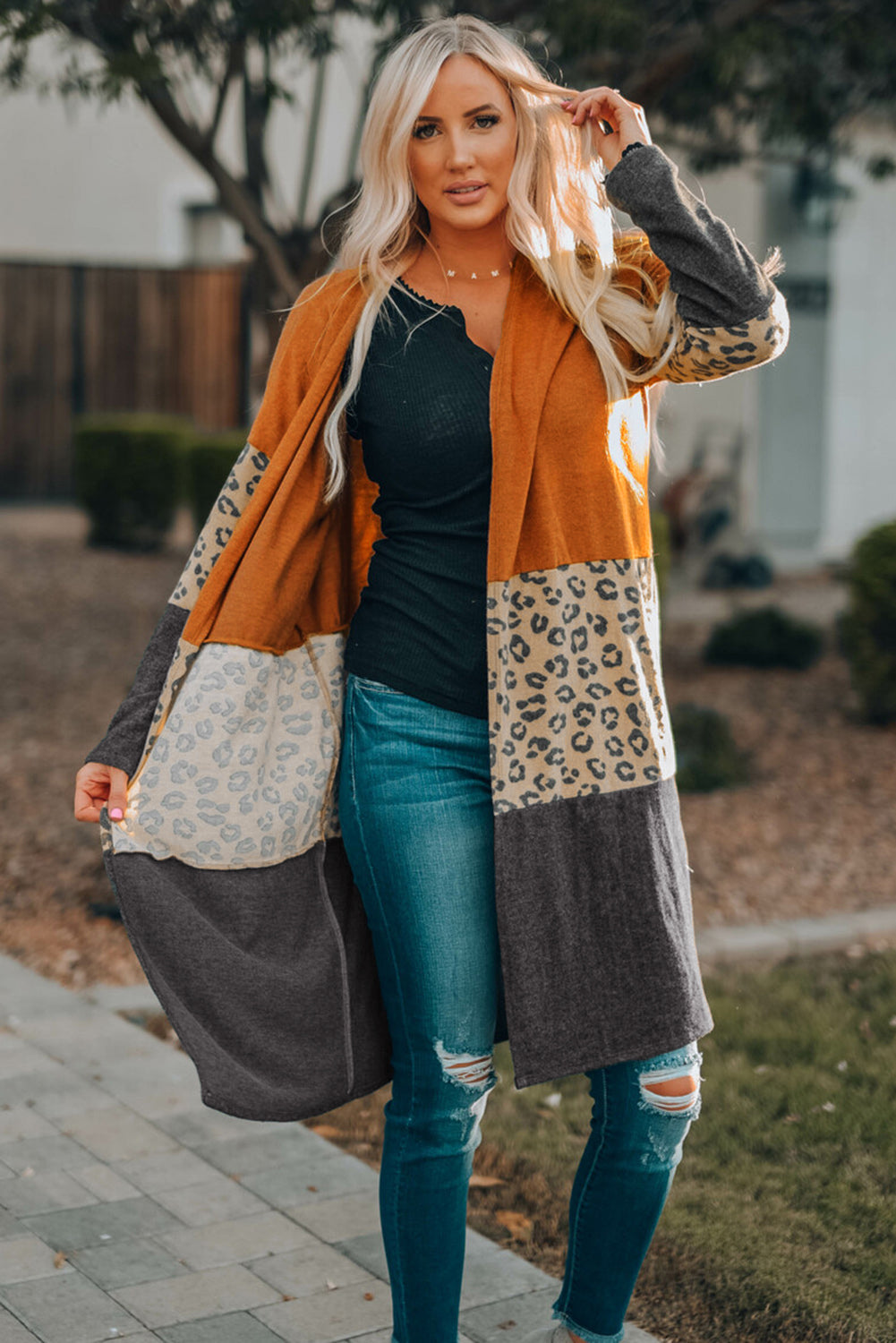 Orange Colorblock Leopard Print Patchwork Knit Cardigan