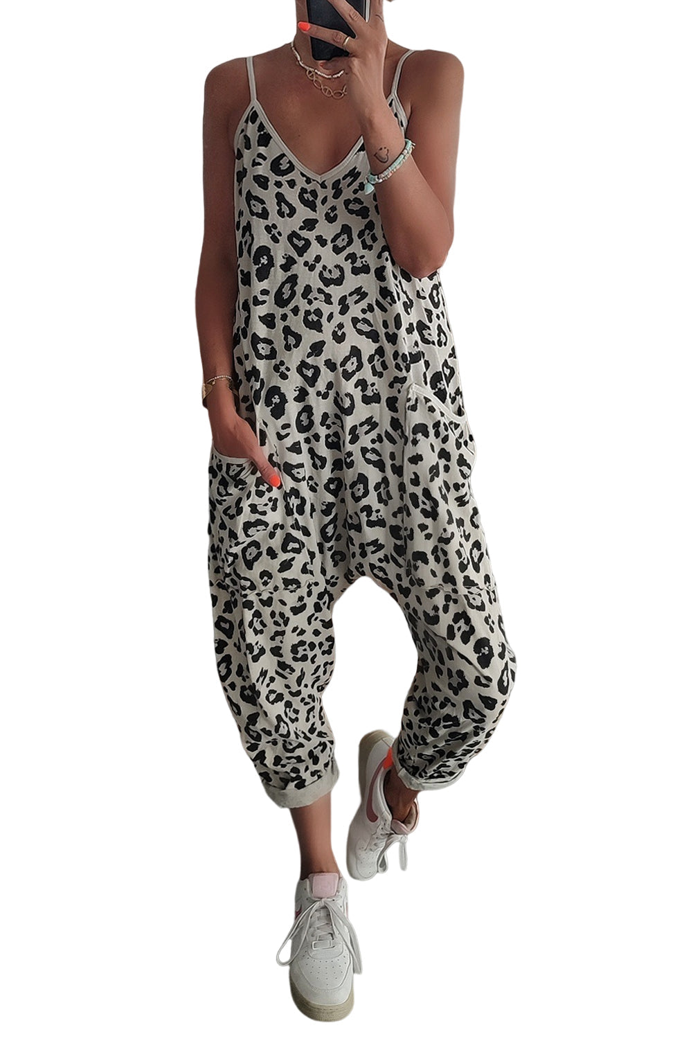Leopard Spaghetti Straps Side Pockets Loose Fit Jumpsuit
