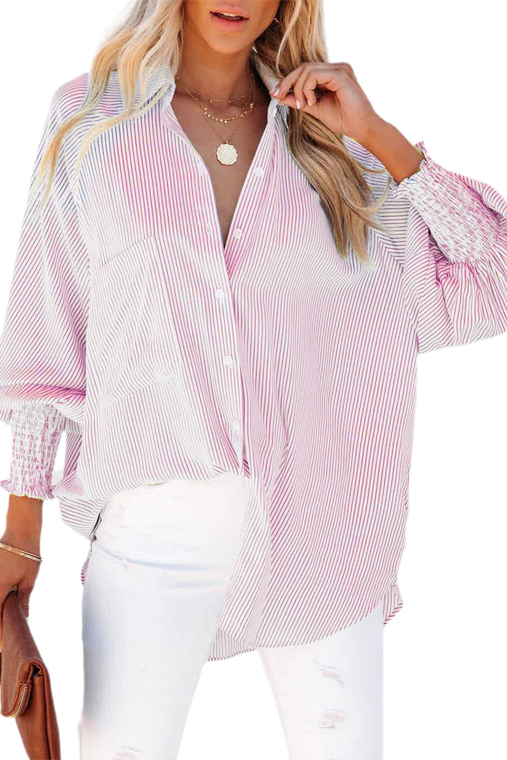 Smocked Cuffed Striped Boyfriend Shirt with Pocket