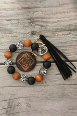 Black Leopard Wood Bead Bracelet Tassel Keychain