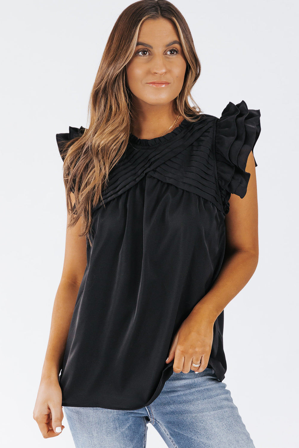 Black Ruffle Sleeve Pleated Yoke Loose Top