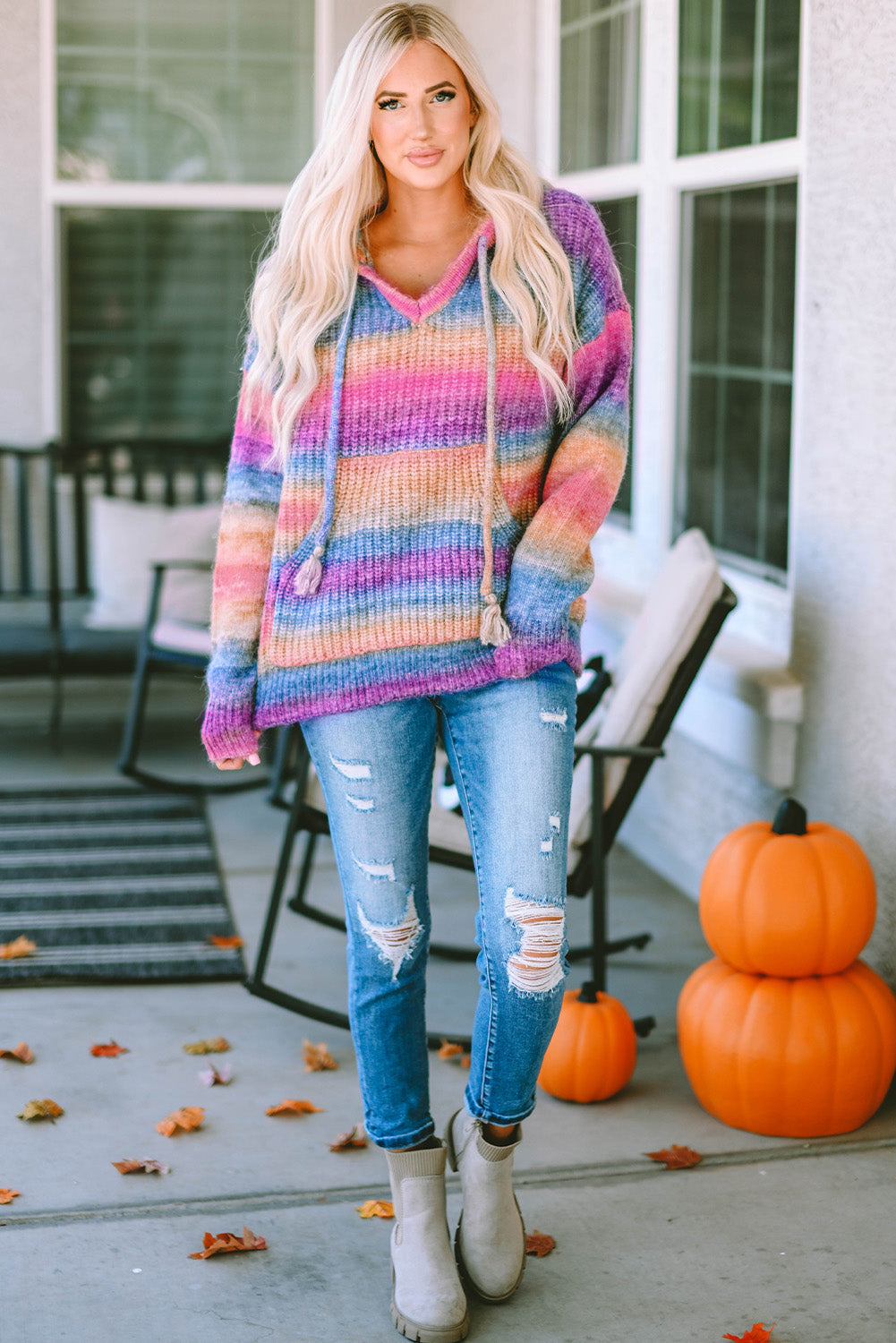 Multicolor Ombre Kangaroo Pocket Hooded Sweater