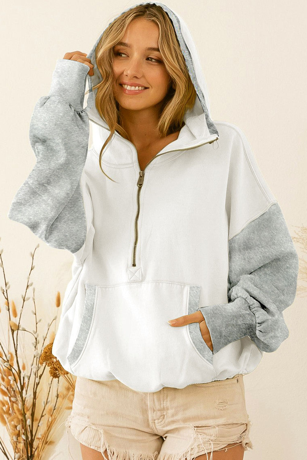 White Half Zipper Kangaroo Pocket Drop Shoulder Hoodie