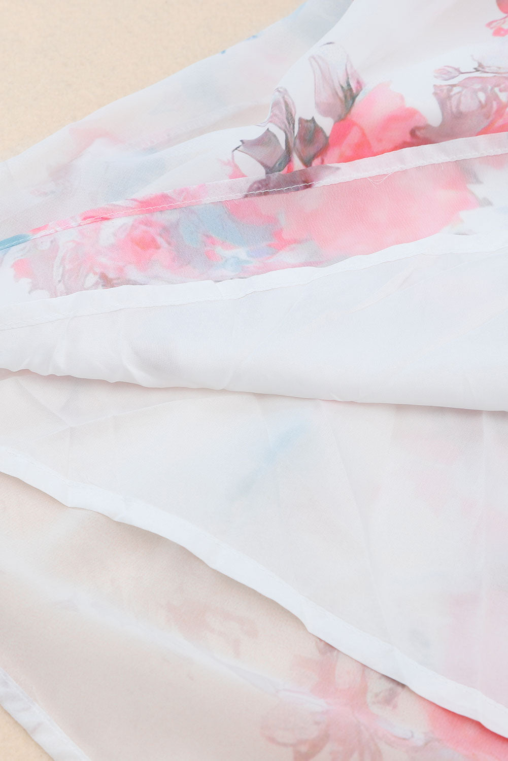 White V Neck Short Sleeves Floral Print Maxi Dress