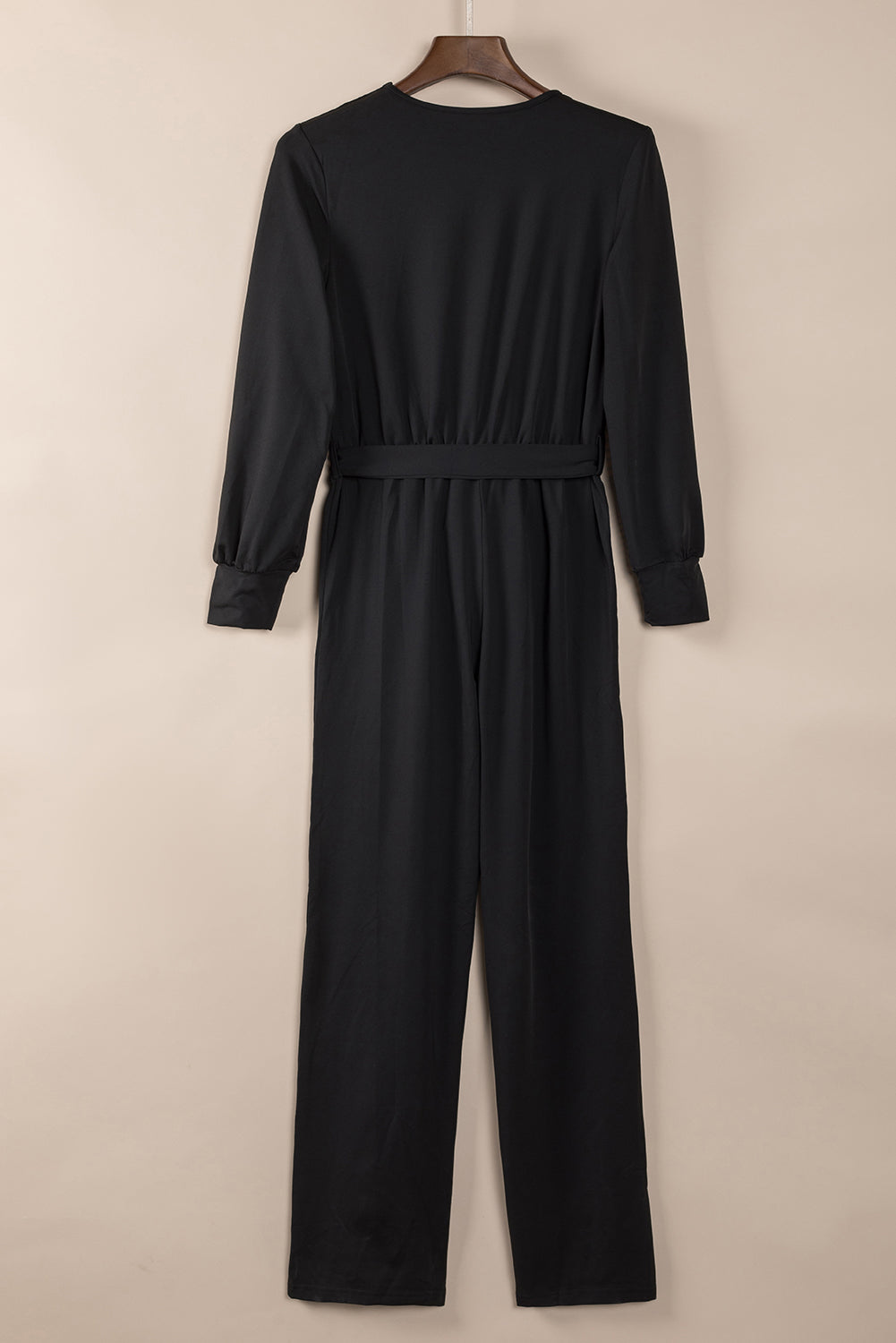 Black V Neck Wrap Waist Tie Long Sleeve Jumpsuit