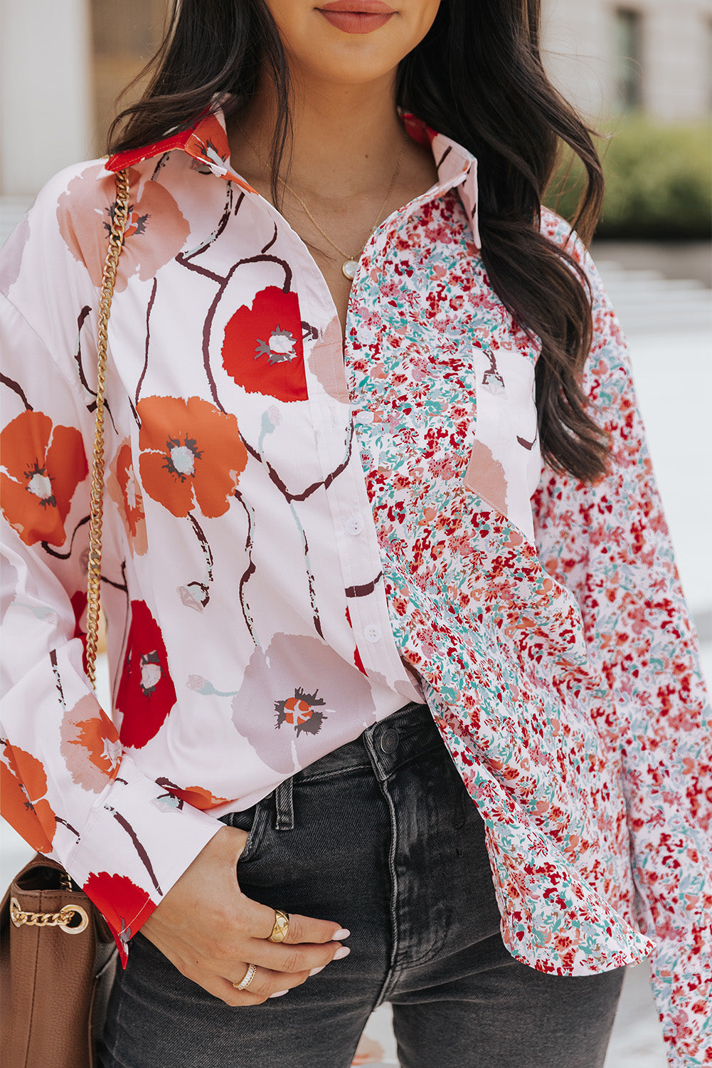 Red Floral Patchwork Buttoned Shirt with Pocket