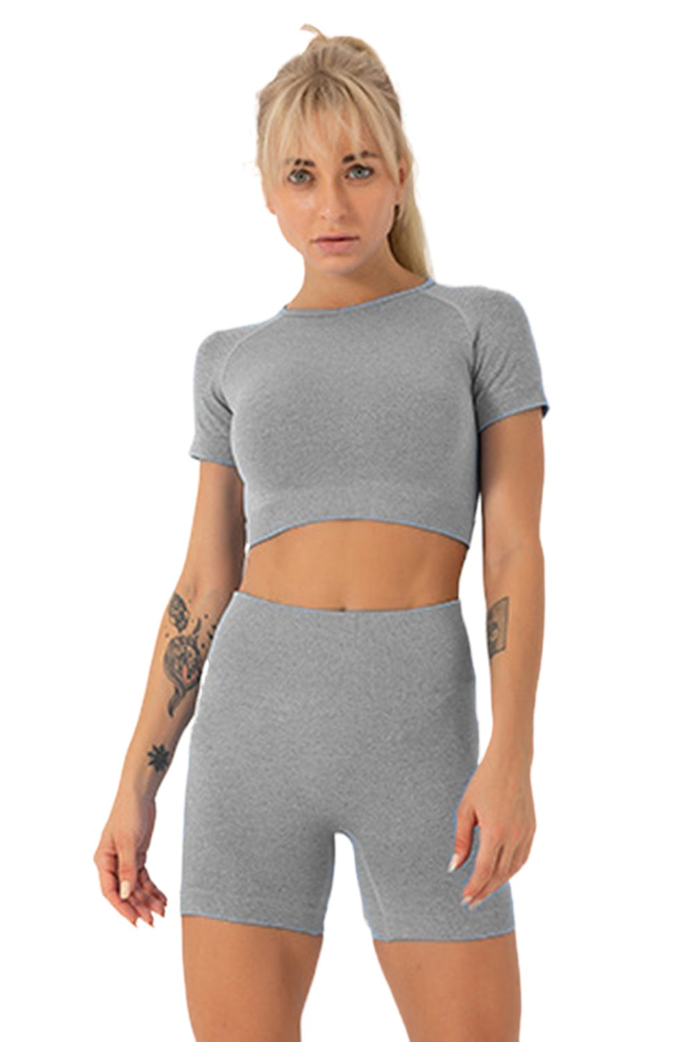 Rose Solid Crop Top and High Waist Shorts Yoga Set