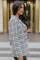 Black Lapel Collar Buttoned Gingham Tweed Blazer