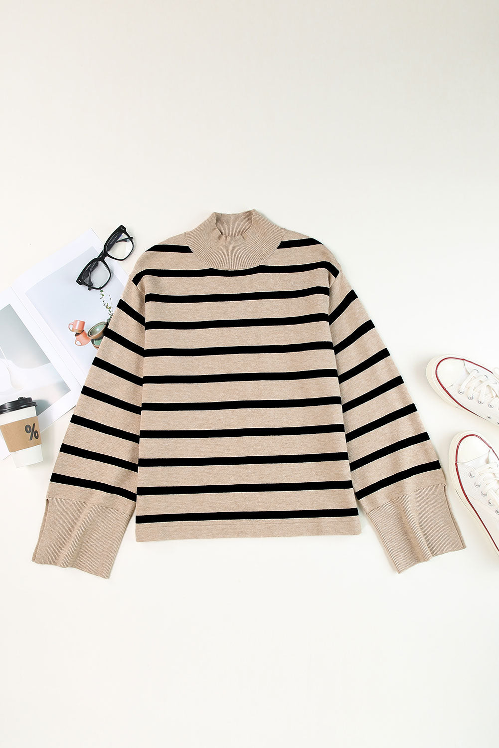 Khaki Striped Mock Neck Bell Sleeve Knit Sweater