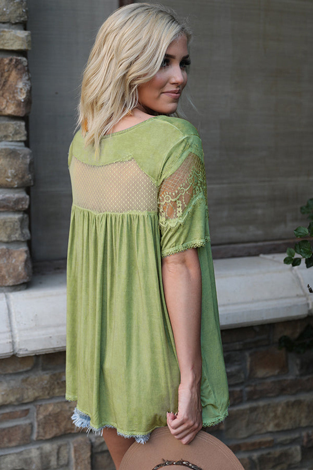 Green Mesh Lace Trim Short Sleeve Top