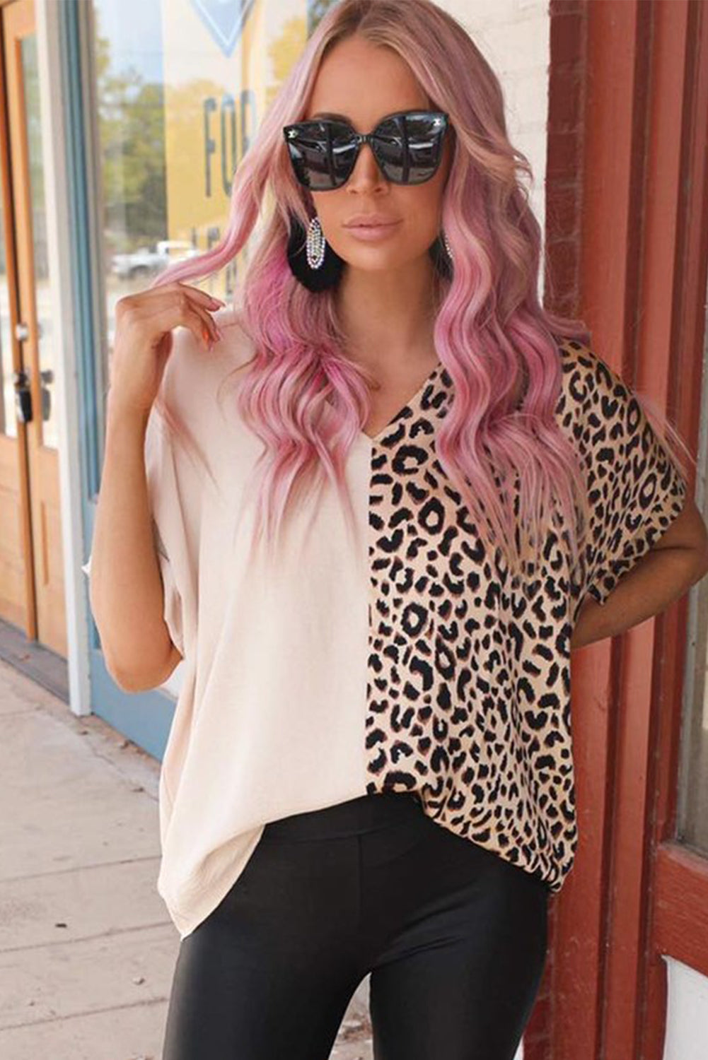 Rose Leopard Color Block Roll Tab Sleeve V Neck Top