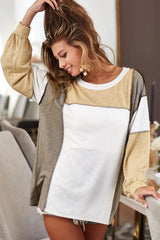 Khaki Exposed Seam Color Block Patchwork Top