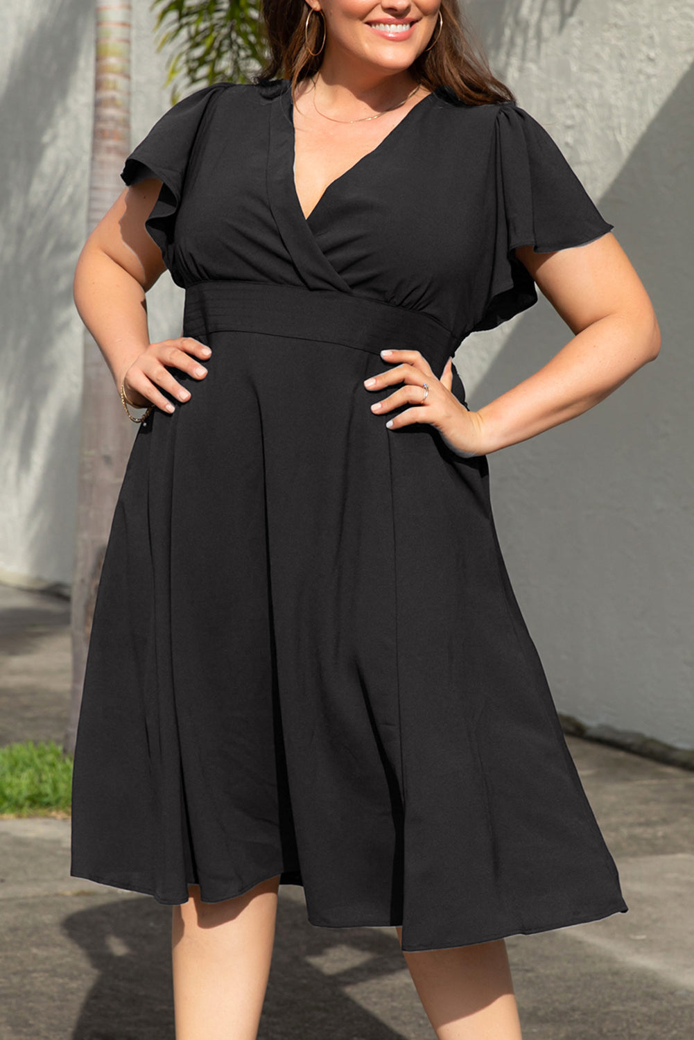 Black Plus Size Flutter Sleeve V Neck Midi Dress