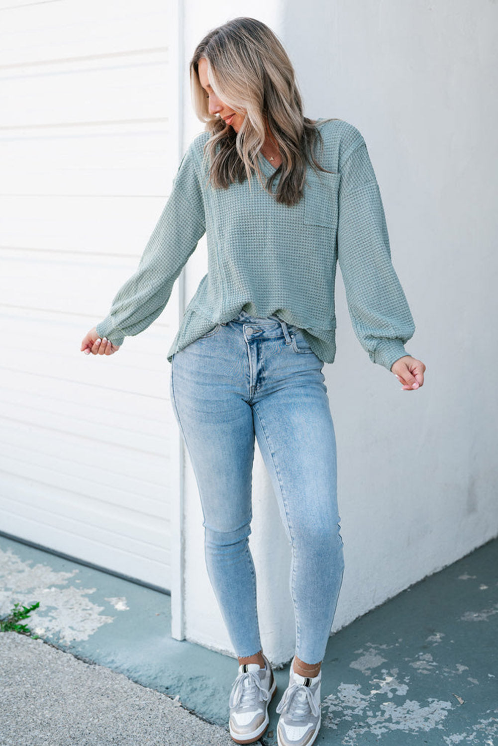 Mist Blue Raw Edge Detail Waffle Knit V Neck Top