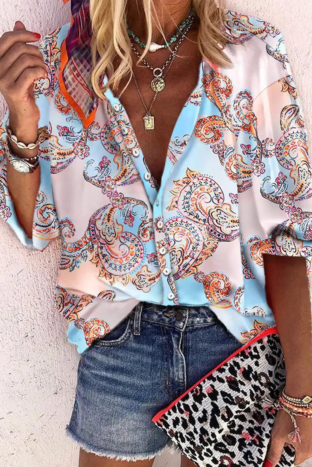 Sky Blue Boho Paisley Print Lantern Sleeve Button-Down Shirt