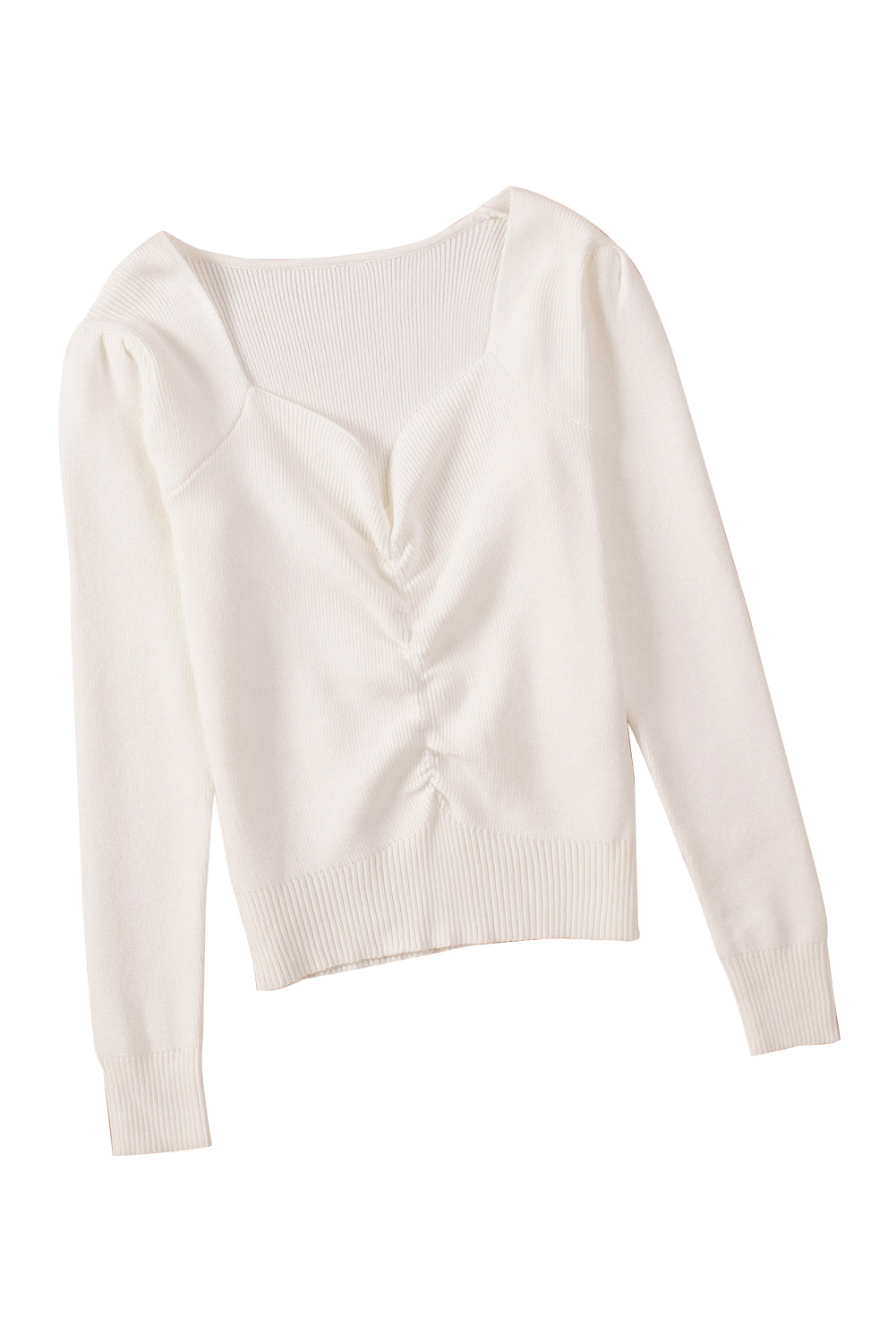 Beige Ruched Sweetheart Neckline Rib Knit Sweater