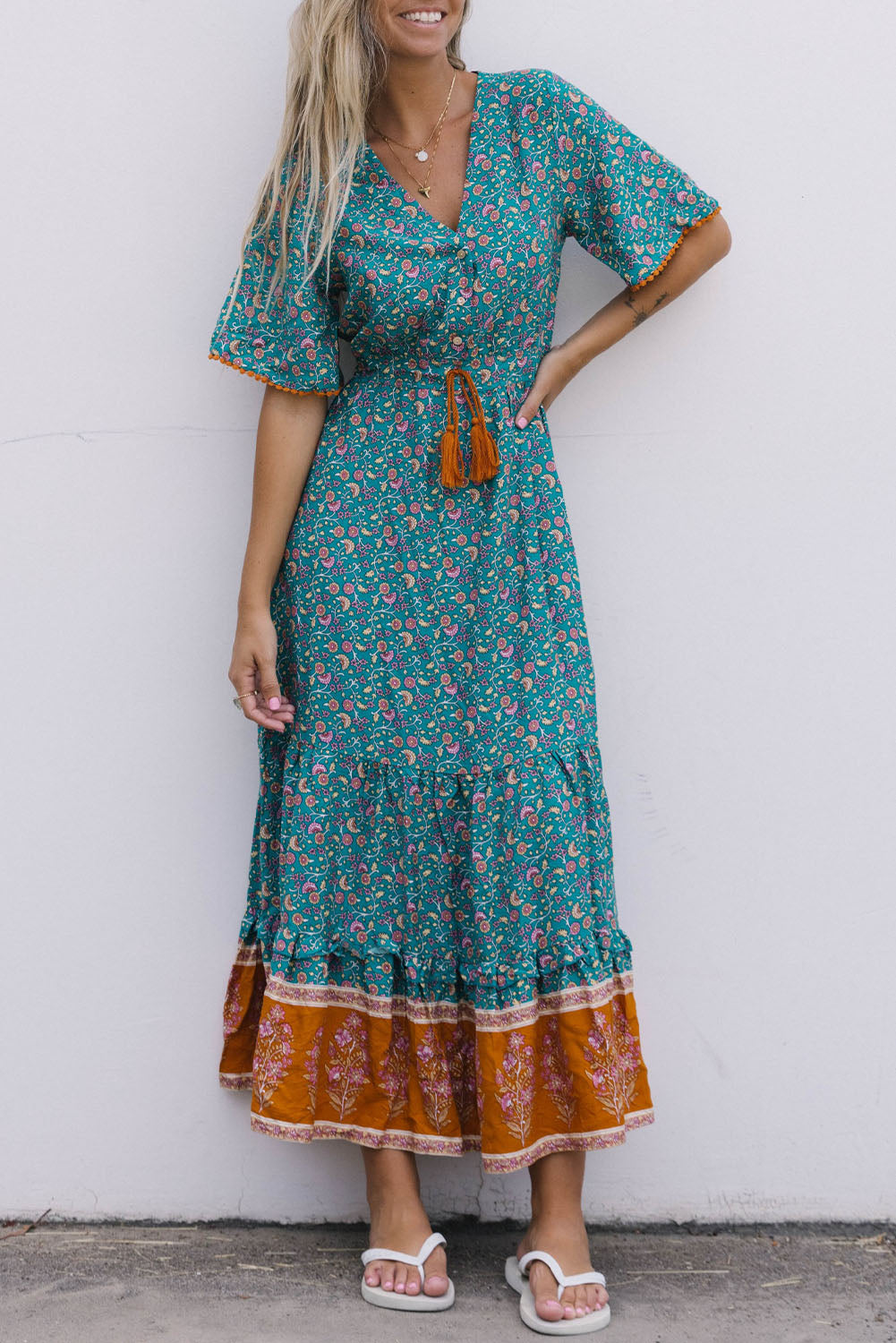 Sky Blue Wrap V Neck Lace-up High Waist Floral Dress